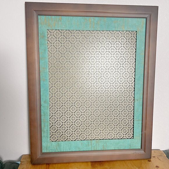 Dark Wood Framed And Teal Matted Decorative Metal Earring Hanger - Picture 1 of 4